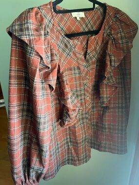 Entro Plaid Ruffle Blouse Large Boho Babydoll Fall Cottagecore Prairiecore Cabin